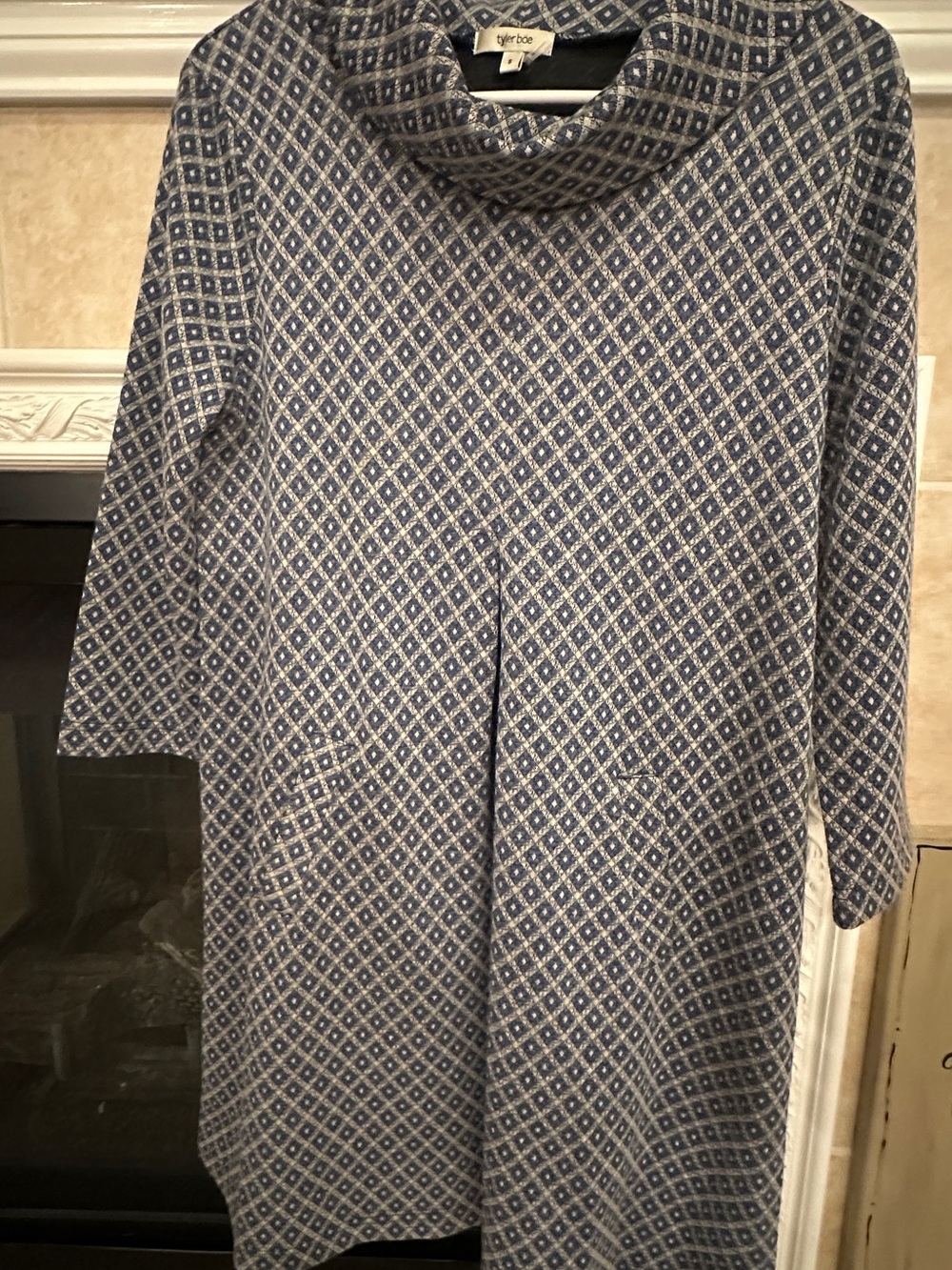 Tyler Boe Blue and White Patterned Cowl Neck Midi Dress